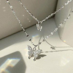 925 Silver Double Butterfly Zircon Necklace